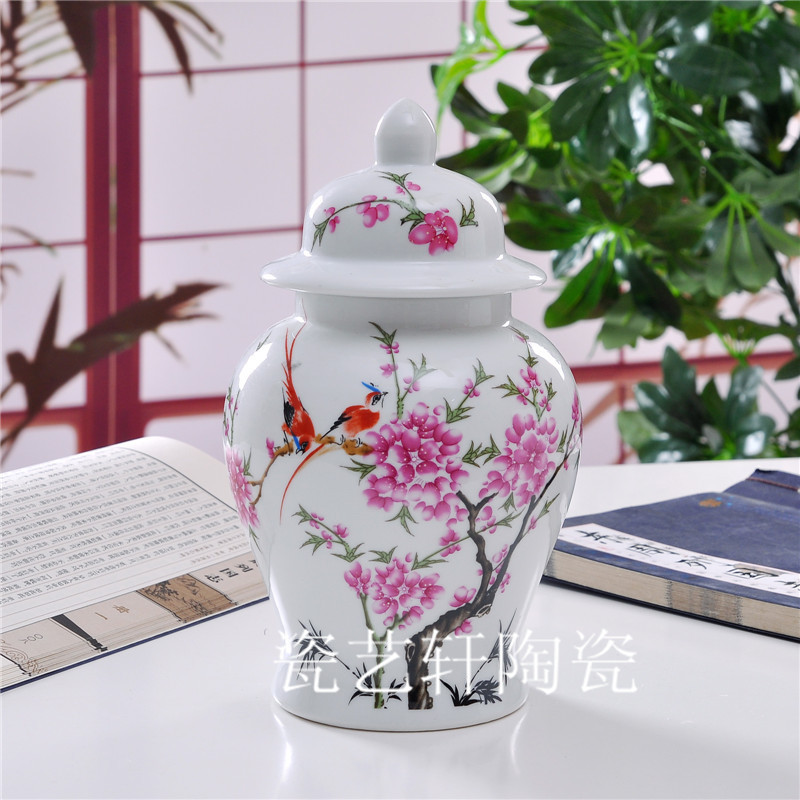Jingdezhen ceramic vase, porcelain vase, general jar, storage jar, tea jar, water point peach blossom with lid