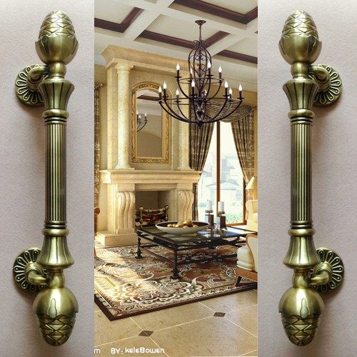 Door handle wooden door handle glass door pair handle bright bronze antique Chinese hotel handle 348