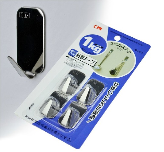 Japan KM212 medium rectangular strong stainless steel sticky hook 3M non-marking door hook 4 pieces load-bearing 1 KG