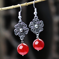 Ethnic ornaments retro Chinese style jewelry women original natural red agate Miao silver earrings female long models
