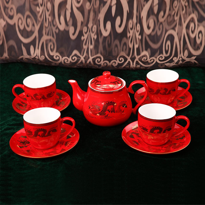 Xiang feels ashamed up Chinese red porcelain tea set flower head nine dragon playing pearl grain supplies wedding wedding gift