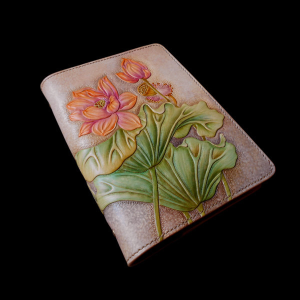 Handmade Genuine Leather Women Bag Men's Bag Gift Custom Leather Carvings Lotus A5 Six-hole Notebook