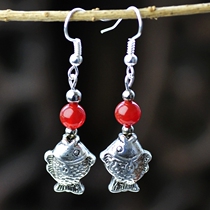 Retro National style jewelry womens natural red agate seedling Silver small fat fish earrings jewelry hot sale 166B