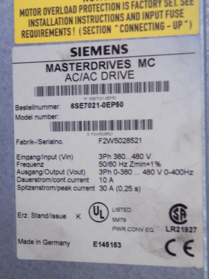 SIEMENS 6SE7021-0EP50 AC AC MASTERDRIVES MC DRIVE