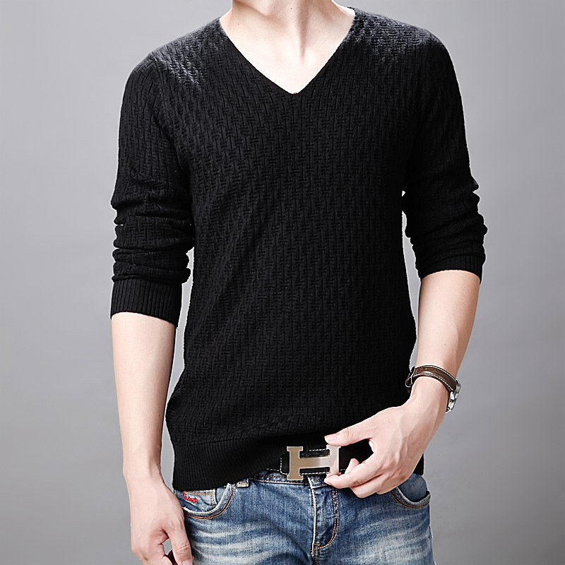 Spring and Autumn Men's Thin V-Neck Solid Color Sweater, Men's Fitted Black Base Knitwear, Large Size Top