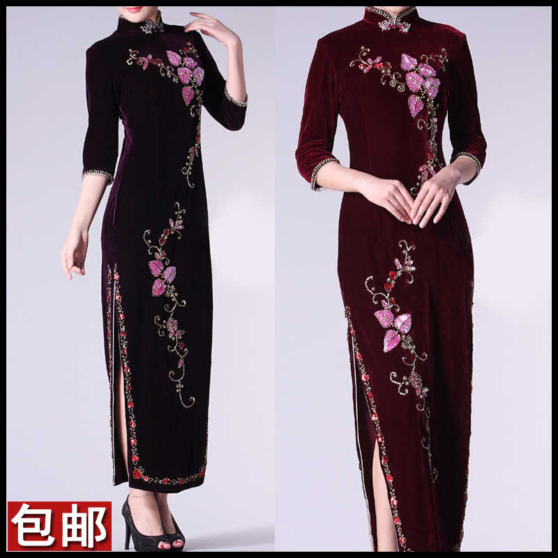 13秋新款女士唐装长款丝绒旗袍手工订妈妈装高档结婚旗袍