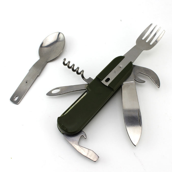 Outdoor stainless steel multi-purpose combination Spoon fork bottle opener Portable tool Multifunctional picnic knife Folding mini