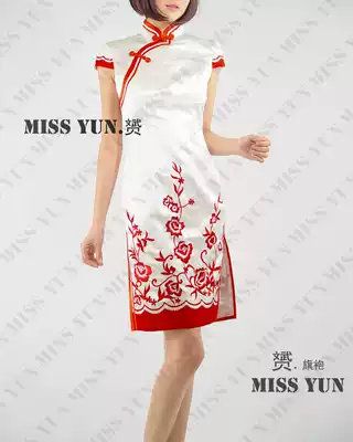 Spring and Autumn new custom white embroidery Chinese red paper-cut flower bride fashion improved short cheongsam skirt toast