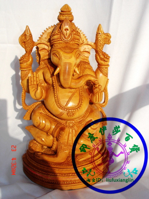 Indian handicraft elephant trunk God of Wealth woodcarving 20cm high exquisite workmanship