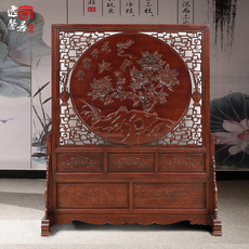 напольная ширма 逸馨木雕花开富贵落地屏风实木座屏双面插屏中式客厅卧室玄关隔断