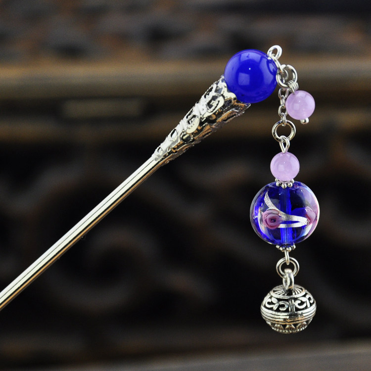 Retro Treasure Blue Inner Flower Glazed Jade Medullary Silver Streaming Suclassical Hairpin Substep to send a female gift