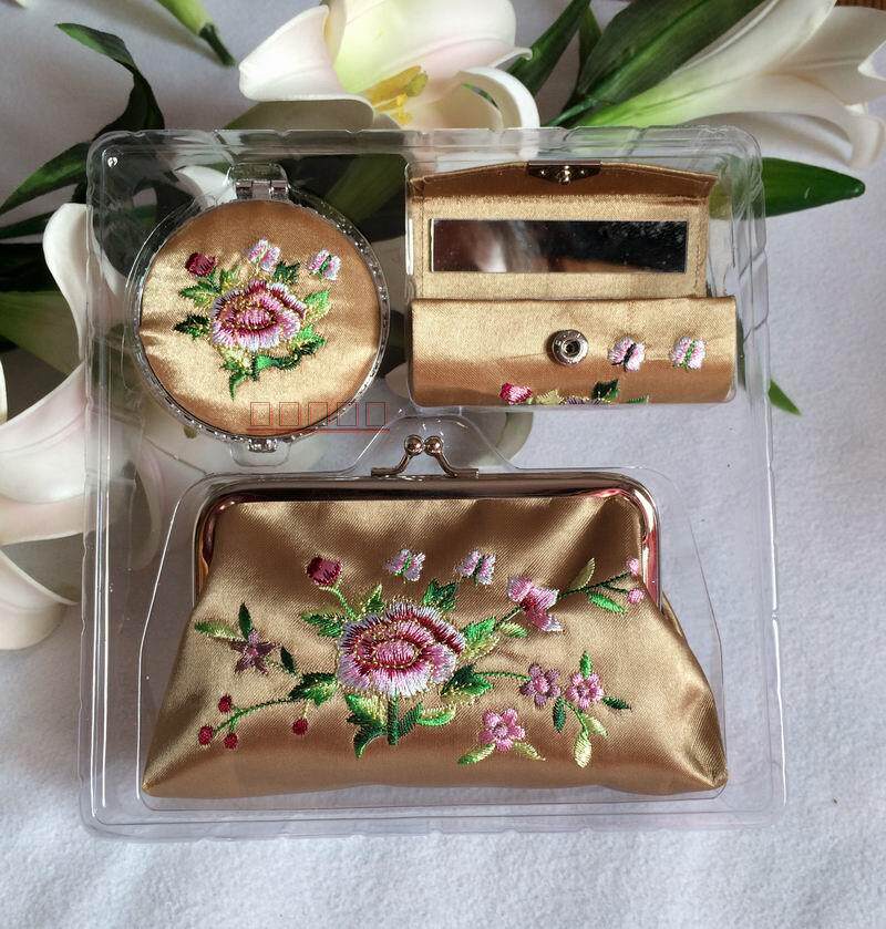 Chinese Style Suzhou Silk Embroidered Mirror Lipstick Box Coin Purse Exquisite Gift High-end Gift Box Wallet Set