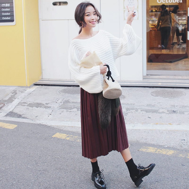 韩国stylenanda官方正品 性感一字领条纹纹理针织衫-象牙色