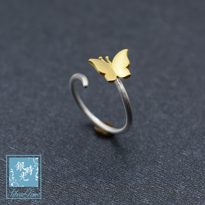 Designer Custom S925 Silver Pure Handmade Gold Plated Brushed Butterfly Ring Open Adjustable Ring Women