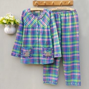 Bộ đồ ngủ bằng vải cotton trung niên cũ của phụ nữ mùa xuân và mùa thu mẫu cotton dài tay kẻ sọc dệt bằng vải cotton mùa hè