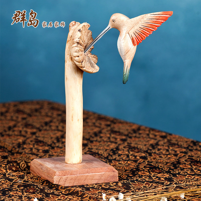 Imported Artisanal Solid Wood Engraving Hummingbird Creative Roots Sculptures Craftsmanship Handicraft Swing Accessories Gift Items Special Promotions