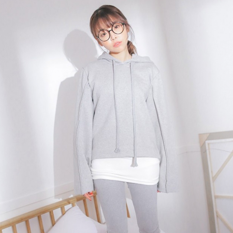 韩国stylenanda官方正品 时尚款拼接设计抽绳连帽卫衣-灰色