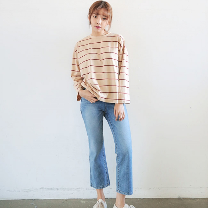 韩国stylenanda官方正品 时尚款水洗磨白8分牛仔裤-牛仔蓝色
