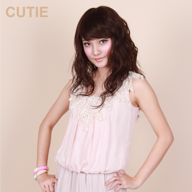 Jiao drip pear flower head wig slightly curly fluffy long curly hair corn perm free ironing slightly curly long curly hair oblique bangs wig