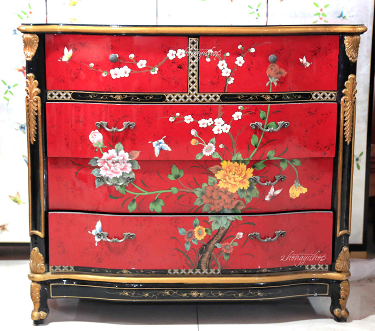 Red Festive Furniture Chinese Furniture Antique Furniture Hand Painted Furniture Chest of Drawers Storage Cabinet Decorative Cabinet Display Cabinet