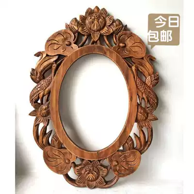 Special pure solid wood carving Lotus bird decorative frame Beauty Mirror makeup mirror Southeast Asian style personalized wall decoration