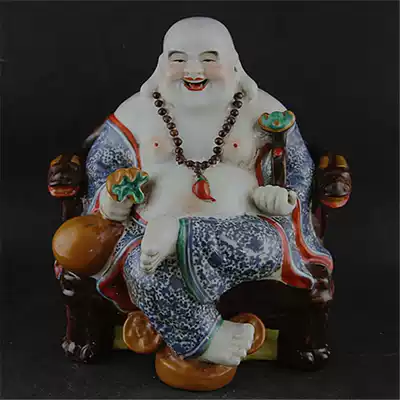 Jingdezhen Sculpture Porcelain Blue Flower Seat Bag Luohan Buddha Statue Cultural Revolution Factory Goods Ancient Porcelain Antique Collection