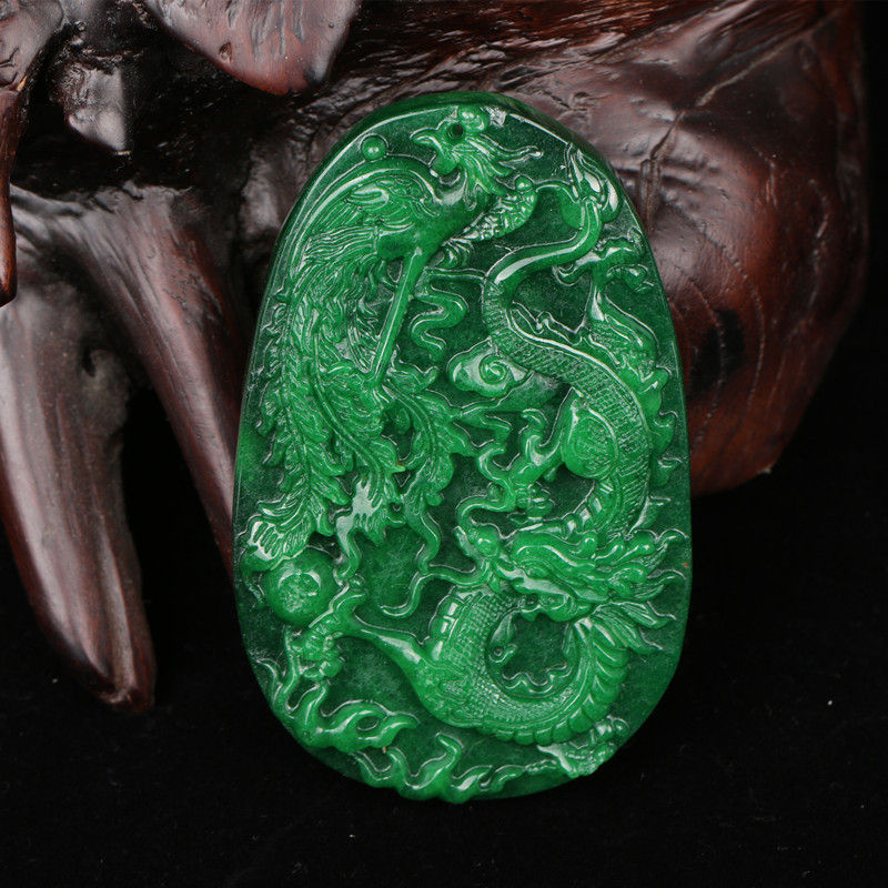 Myanmar's Qianqing Emerald Finely Carved Dragon Phoenix presents a full green iron dragon raw dragon and pineapple with a double-sided sign pendant