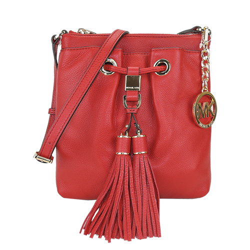 MICHAEL KORS Camden金牌饰牛皮流苏束口斜背包(红)