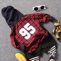 Children Lianhood checkered shirt Spring style boy kid 95 printed red yellow 2-color shirt cardiovert jacket
