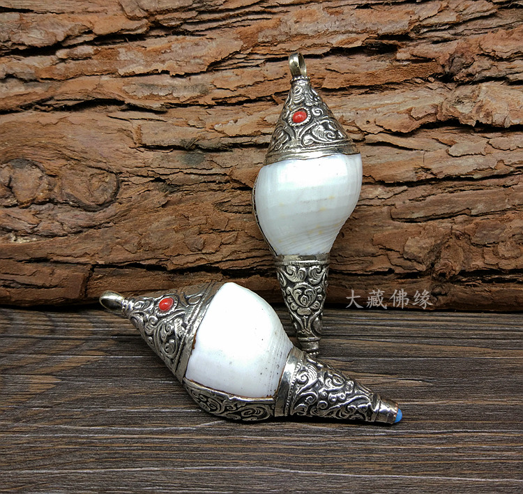 Hidden right-handed white sea snail hanging decoration Nepal imported sea snail Tibetan silver inlaid pendant for 8-for-Buddhist pendants