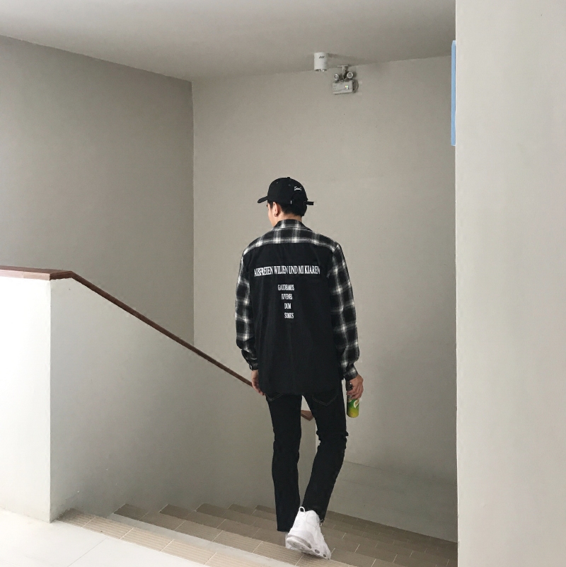RKHL小温 韩国街头休闲撞色拼接黑蓝格子衬衫宽松薄款长袖上衣男