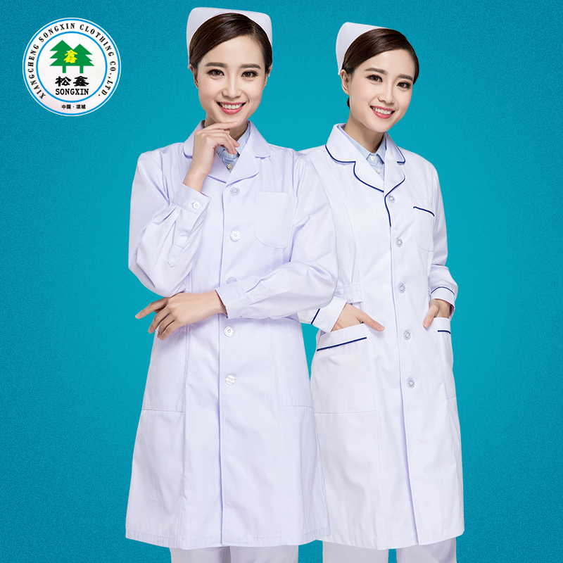 Nurse suit Long sleeve winter beauty suit Doctor suit White coat Pharmacy overalls Round barge suit collar white powder blue