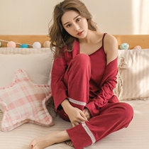 Pure cotton pajamas womens spring and autumn three-piece set thin cute sexy long-sleeved court style cardigan lace-up home suit set