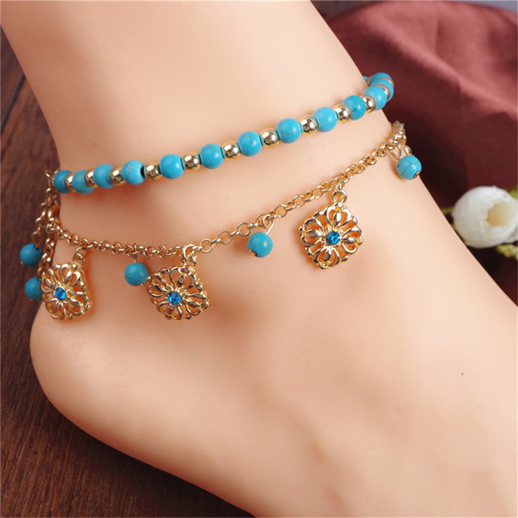 Bohemian ethnic wind pine stone string pearl foot chain brief about 100 hitch blue drill hollowed-out flower disc flow Su multilayer foot chain woman