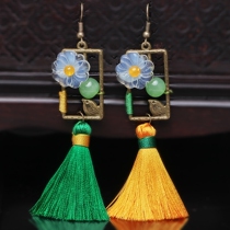National Wind Flow Su Earrings Female Retro Earrings Mid-Length Yellow Green Bangs Color Flowers Palace Temperament Ear Decoration Autumn Ornaments