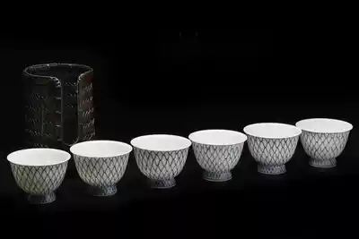 Japan's Ping An Inoue Chunfeng made Qinghua net handwritten tea cup bamboo tube 6 tea sets