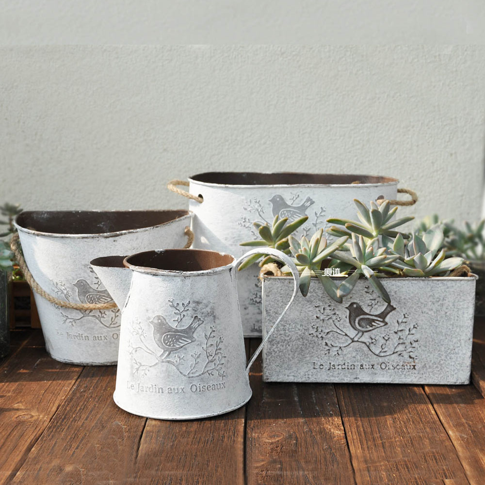 Iron flowerpot Japanese tin flower bucket succulents country retro hemp rope to make old flower shower potted vase