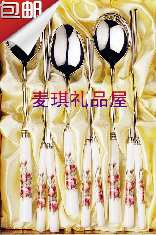 Korean imported tableware TOPMATE bone china handle 18-10 stainless steel eating spoon chopsticks set 3P