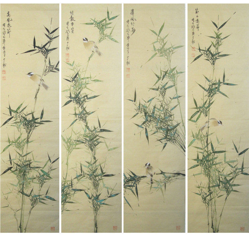 Pure hand-painted four-screen bamboo flower and bird painting Chinese painting Qilu Painting Academy decorative painting meticulous painting living room four-screen hanging painting
