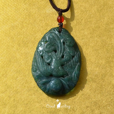 Украшения на шею 『凤舞九天』八十年代外贸老库存天然绿东陵玉石凤凰牡丹祥云项链