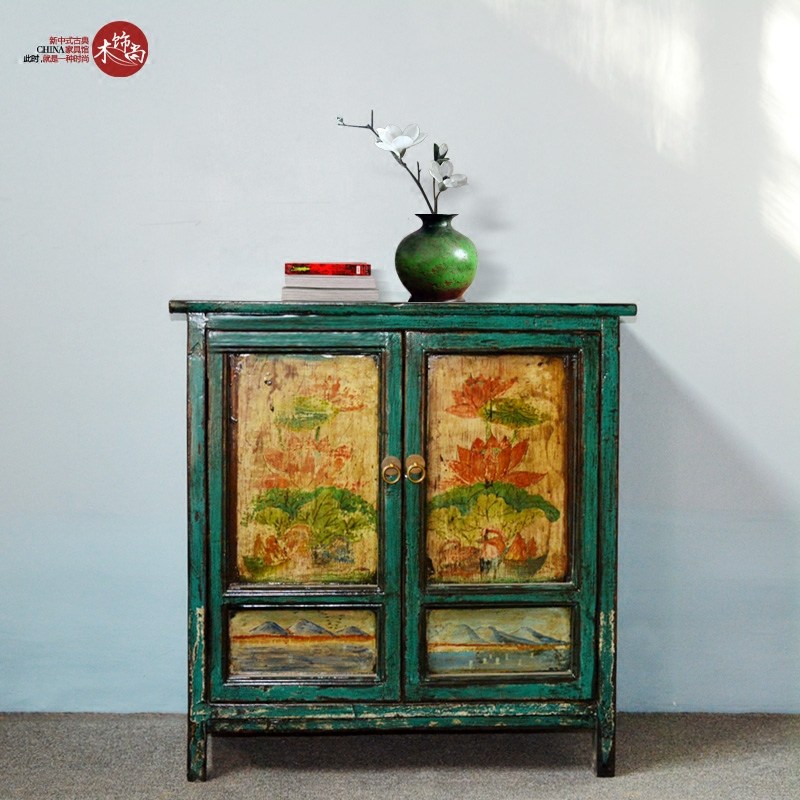 Solid wood furniture 2 door imitation ancient hand painted bright lacquer corner cabinet Shoe cabinet Living room Xuanxuan cabinet table New Chinese made of old