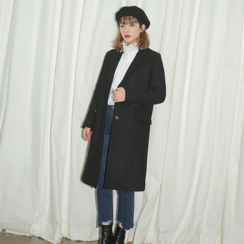韩国stylenanda官方正品 经典款单排扣羊毛混纺翻领大衣-黑色