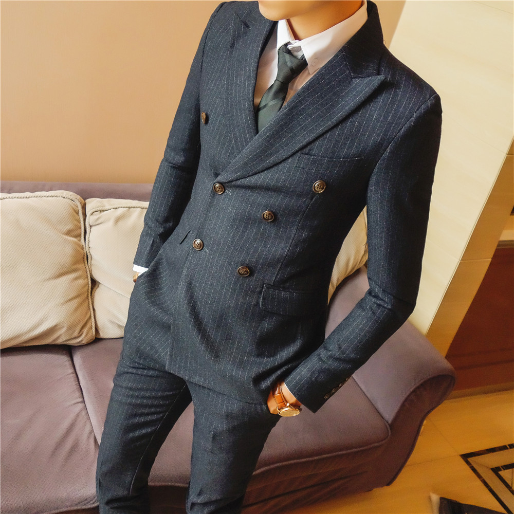 Spring Korean version of men's slim striped suit two-piece fashion youth double-breasted suit suit groom dress