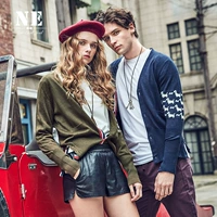 [Ba miếng 50% off] Earl Zall Mùa Thu các cặp vợ chồng áo len mỏng in ấn tương phản màu V-Cổ cardigan triều của nam giới áo len áo đôi đẹp