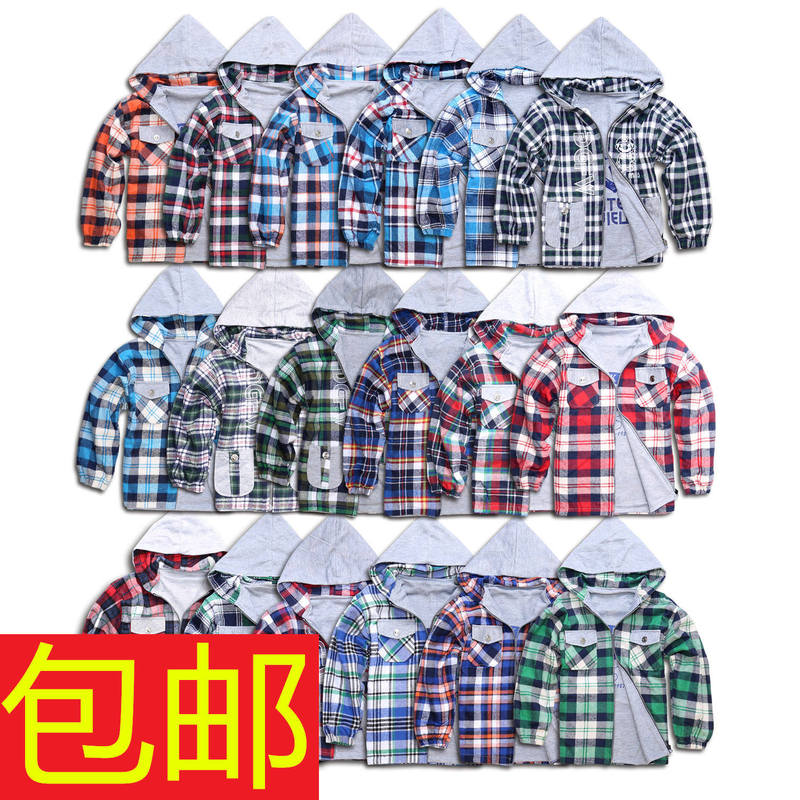  Spring Children's Shirt Top Boys' Long Sleeve Korean Style Pure Cotton Plaid Jacket Shirt Collar Autumn Wear Reversible