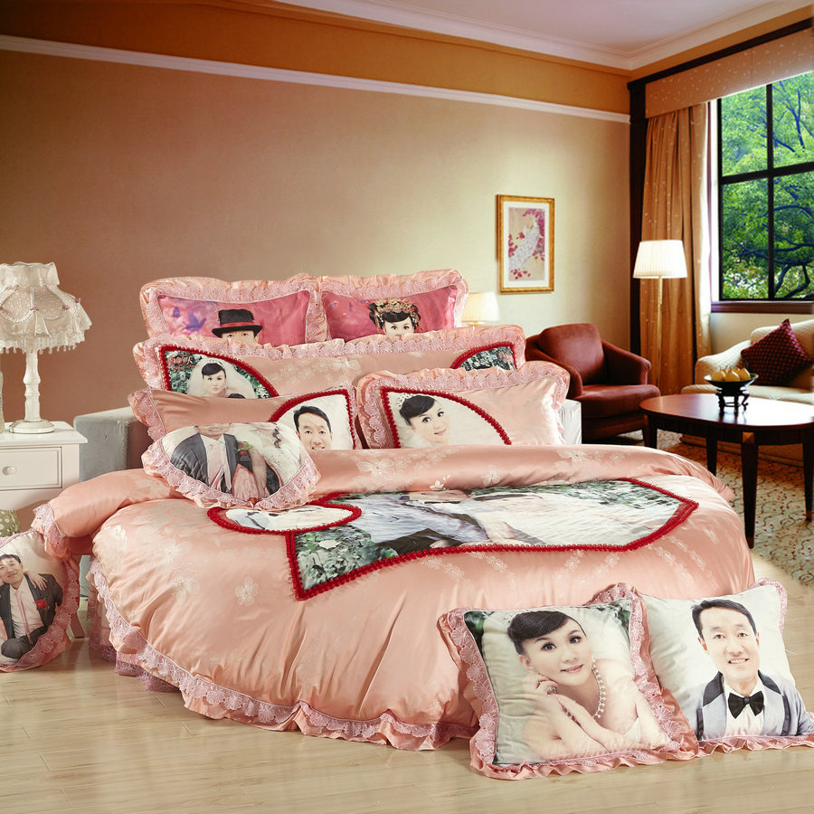 Holy bedroom quilted padded Digital Printing personalized custom tribute satin jacquard round bed skirt bed cover bedding four-piece set