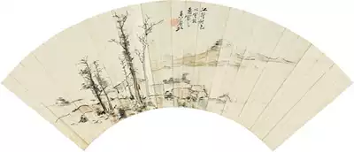 Art micro-spray Huang Binhong River line autumn color fan 50x22cm