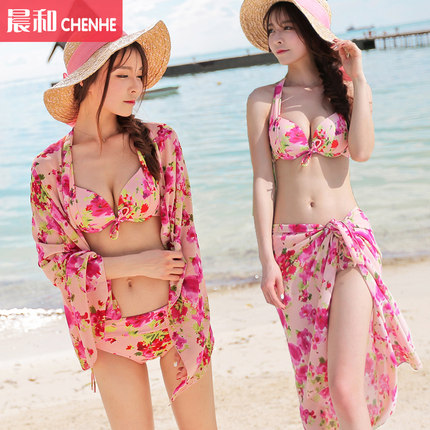 清仓促销韩国性感泳装女三件套小胸聚拢钢托显瘦分体比基尼泡温泉-tmall.com天猫