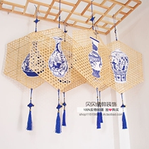 Kindergarten classroom corridor hanging blue and white porcelain bamboo pieces hanging decoration mall ceiling decoration Chinese style creative DIY
