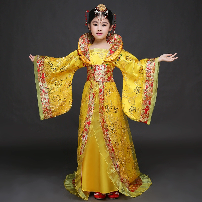 Trẻ em Hanfu Cô gái Váy mùa thu Douyin Cổ trang Siêu cổ tích Công chúa Hoàng gia Nữ hoàng Áo dài Tay áo Douyin Đuôi váy Trang phục - Trang phục